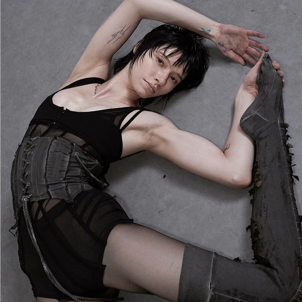 darker wavs pitch lace up corset tank washed black grey medium - Picture 2 of 7